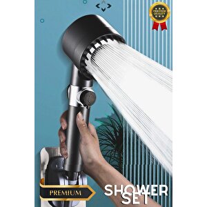 Black Shower Set Basınçlı Filtreli 3 Kademeli Turbo Duş Başlığı 150 Cm Duş Hortumu Kendinde