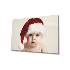 Noel Şapkalı Bebek Cam Tablo 50x70 cm