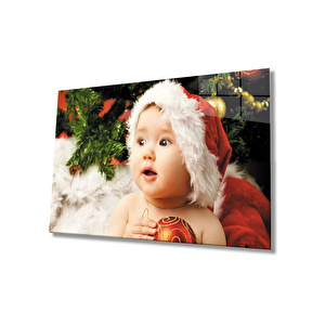 Noel Şapkalı Bebek Cam Tablo 50x70 cm