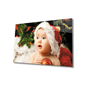Noel Şapkalı Bebek Cam Tablo 90x60 cm