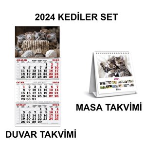 2024 Yılı 33x86 Cm Spiralli Jumbo Gemici Takvimi 3 Aylık Kediler Ve Masa Takvimi