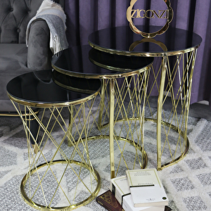 Hasır Model Zigon Sehpa Gold Ayak  Siyah Cam