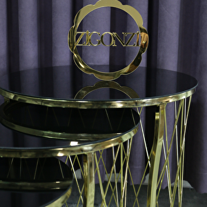 Hasır Model Zigon Sehpa Gold Ayak  Siyah Cam