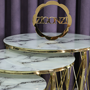 Hasır Model Zigon Sehpa Gold Ayak  Beyaz Siyah Mermer Desen  Cam