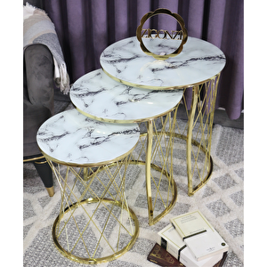 Hasır Model Zigon Sehpa Gold Ayak  Beyaz Siyah Mermer Desen  Cam