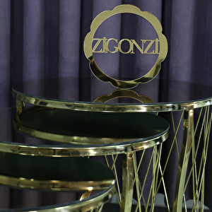 Gold Metal Bronz Aynalı, Hasır C Üçlü Zigon Sehpa