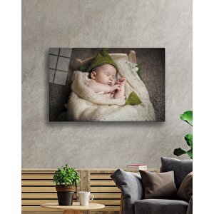 Yeşil Şapkalı Uyuyan Bebek Cam Tablo 36x23 cm