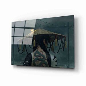 Fütüristik Yılan Dövmeli Şapkalı Kız Cam Tablo 50x70 cm