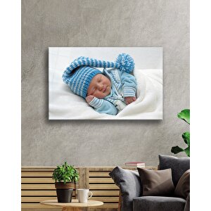 Mavi Şpkalı Uyuyan Bebek Cam Tablo 50x70 cm