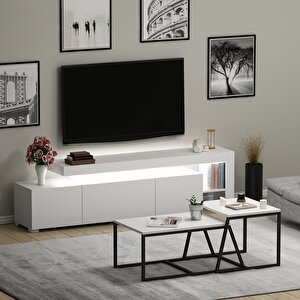 Beliz LED Işıklı TV Sehpası ve Minimal 2'li Orta Sehpa Takımı – Beyaz – Modern Oturma Odası Seti