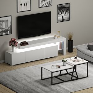 Beliz LED Işıklı TV Sehpası ve Minimal 2'li Orta Sehpa Takımı – Beyaz – Modern Oturma Odası Seti