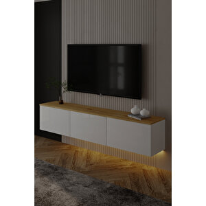 Neon Duvara Monte 3 Kapaklı TV Sehpası – 160 cm – Minimal Tasarım, Beyaz/Safir Meşe