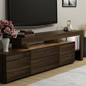 Beliz Modern LED Işıklı 3 Kapaklı, Raflı TV Sehpası – 192 cm, Ceviz