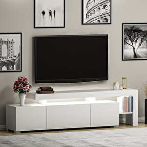Beliz Modern LED Işıklı 3 Kapaklı, Raflı TV Sehpası – 192 cm, Beyaz