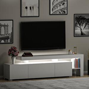 Beliz Modern LED Işıklı 3 Kapaklı, Raflı TV Sehpası – 192 cm, Beyaz