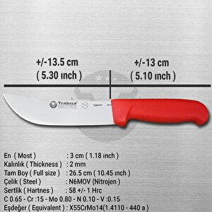 TRABISA 53117 Yüksek Kalite Paslanmaz Çelik 13.5 cm Deri Yüzme Kasap Bıçağı Kırmızı Saplı