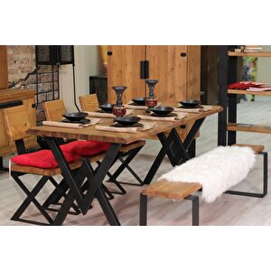 Dalgalı Kenar Loft Sandalyeli Doğal Ahşap Yemek Masası Takımı +4 Sandalye 85x150 cm