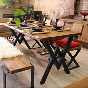 Kalın Kenar Loft Sandalyeli Doğal Ahşap Yemek Masası Takımı +6 Sandalye 85x125 cm