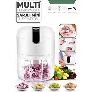 Şarjlı Mini El Rondosu Çelik 3 Bıçaklı 250 Ml Mutfak Robotu Hazneli Rondo Sebze Et Doğrayıcı Rende
