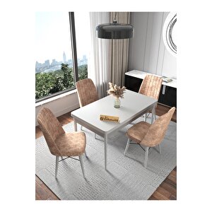 Fixed Raw Serisi , Beyaz Mutfak Masa Takımı Yemek Masası 70x110 Sabit 4 Cappucino Sandalye