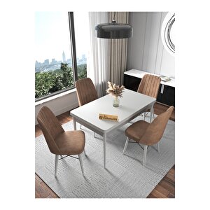 Fixed Raw Serisi , Beyaz Mutfak Masa Takımı Yemek Masası 70x110 Sabit 4 Acı Kahve Sandalye Kahverengi