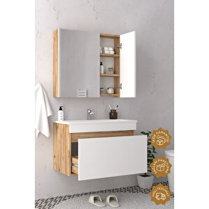Mersin 65 Cm Mdf Banyo Dolabı Seti Atlantik Çam - Beyaz