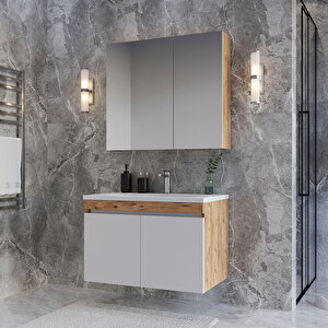 Tokyo 80 Cm Mdf Banyo Dolabı Seti Beyaz - Meşe