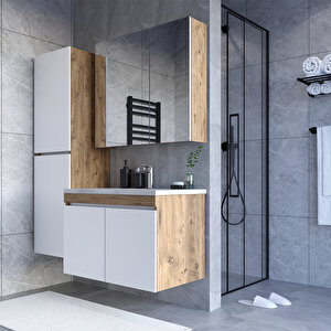 Tokyo 65 Cm Mdf Banyo Dolabı Seti + Boy Dolabı Beyaz - Meşe