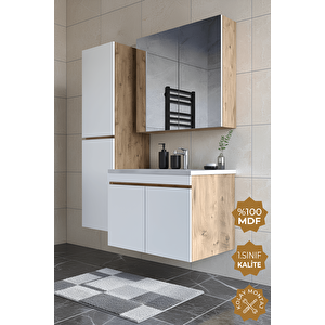Tokyo 65 Cm Mdf Banyo Dolabı Seti + Boy Dolabı Atlantik Çam - Beyaz