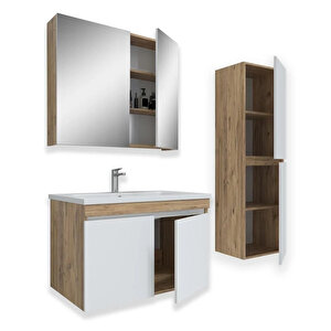 Tokyo 65 Cm Mdf Banyo Dolabı Seti + Boy Dolabı Beyaz - Meşe