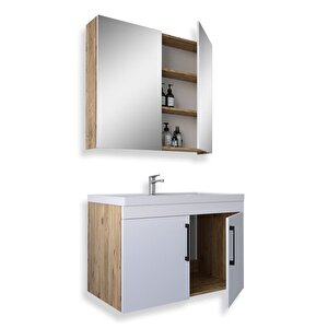 Yalova 80 Cm Mdf Banyo Dolabı Seti Beyaz - Meşe