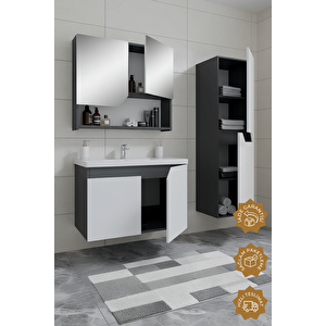 Napoli 65 Cm Mdf Banyo Dolabı Seti + Boy Dolabı Antrasit Beyaz
