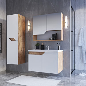 Napoli 65 Cm Mdf Banyo Dolabı Seti + Boy Dolabı Beyaz - Meşe