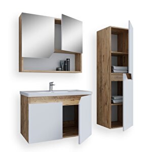 Napoli 65 Cm Mdf Banyo Dolabı Seti + Boy Dolabı Beyaz - Meşe