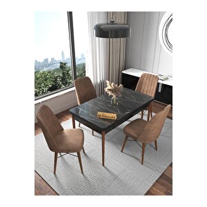 Fixed Serisi , Siyah Mutfak Masa Takımı Yemek Masası 70x110 Sabit 4 Acı Kahve Sandalye Kahverengi