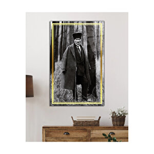 Gold Şerit Siyah Beyaz Atatürk Cam Tablo, Uv Baskılı Ve Temperli, Hediyelik 130x80 cm