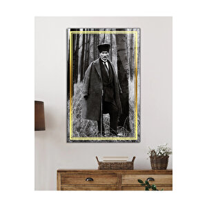 Gold Şerit Siyah Beyaz Atatürk Cam Tablo, Uv Baskılı Ve Temperli, Hediyelik 36x23 cm