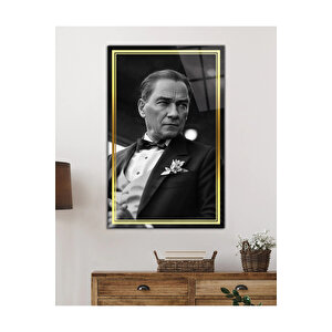 Gold Şerit Siyah Beyaz Yapay Zeka Atatürk Cam Tablo, Uv Baskılı Ve Temperli, Hediyelik 95x150 cm