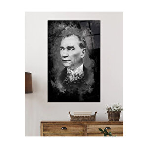 Atatürk Portresi Siyah Beyaz Cam Tablo, Uv Baskılı Ve Temperli, Hediyelik 90x60 cm