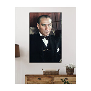 Yakışıklı Papyonlu Takım Elbiseli Atatürk Cam Tablo, Uv Baskılı Ve Temperli, Hediyelik 130x80 cm