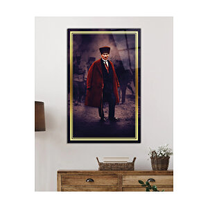 Gold Şerit Pardesülü Atatürk Cam Tablo, Uv Baskılı Ve Temperli, Hediyelik 130x80 cm