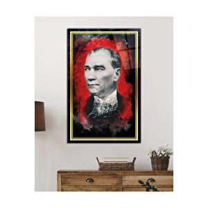 Gold Şerit Kırmızı Siyah Fonlu Atatürk Cam Tablo, Uv Baskılı Ve Temperli, Hediyelik 130x80 cm