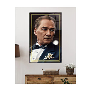 Gold Şerit Atatürk Yapay Zeka Cam Tablo, Uv Baskılı Ve Temperli, Hediyelik 90x60 cm