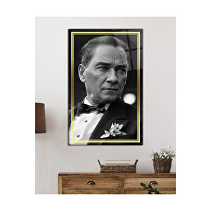 Gold Şerit Siyah Beyaz Atatürk Yapay Zeka Cam Tablo, Uv Baskılı Ve Temperli, Hediyelik 36x23 cm