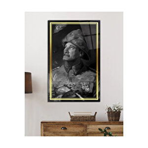 Gold Şerit Siyah Beyaz Yapay Zeka Üniformalı Atatürk Cam Tablo, Uv Baskılı Ve Temperli, Hediyelik 130x80 cm