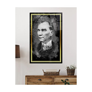 Gold Şerit Atatürk Portresi Siyah Beyaz Cam Tablo, Uv Baskılı Ve Temperli, Hediyelik 46x71 cm