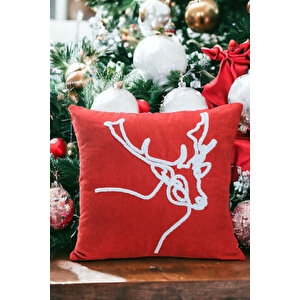 43x43 Yılbaşı Kırlent Kılıfı Kırmızı Beyaz Punch Geyik Desenli Yeni Yıl Noel Süzene Panç