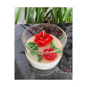 Kırmızı Gül Çiçekli Kokulu Dekoratif Mum Kandil
