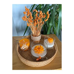 Gizli Kulplu Hasır Tepsili Çiçekli Cam Vazo Ve Sarı Turuncu Bardak Mum Lotus Çiçek Temalı 5li Set