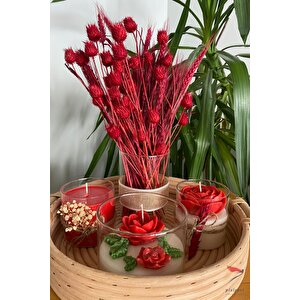 Bambu Hasır Tepsi Dekoratif Mum Kırmızı Çiçekli Cam Vazo Kokulu Mum 5li Set Yeni Yıl Hediyesi